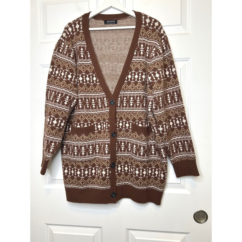 BloomChic Cardigan 14-16 Brown Fair Isle Geometric Button Front